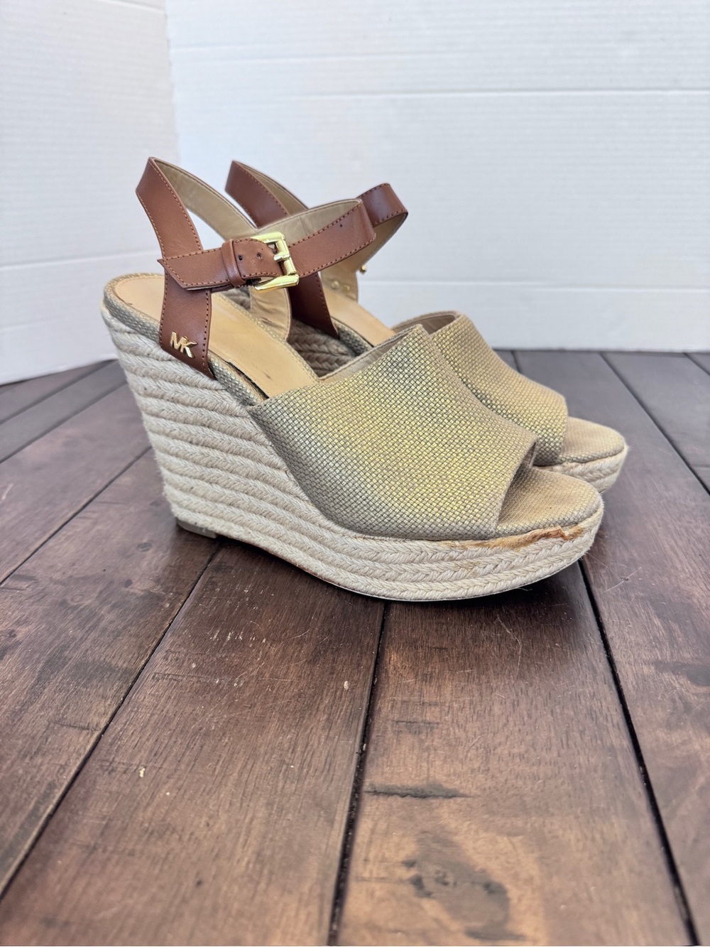 MICHAEL Michael Kors Penelope Jute Wedge Platform Sandals Gold-Tone Canvas 8.5
